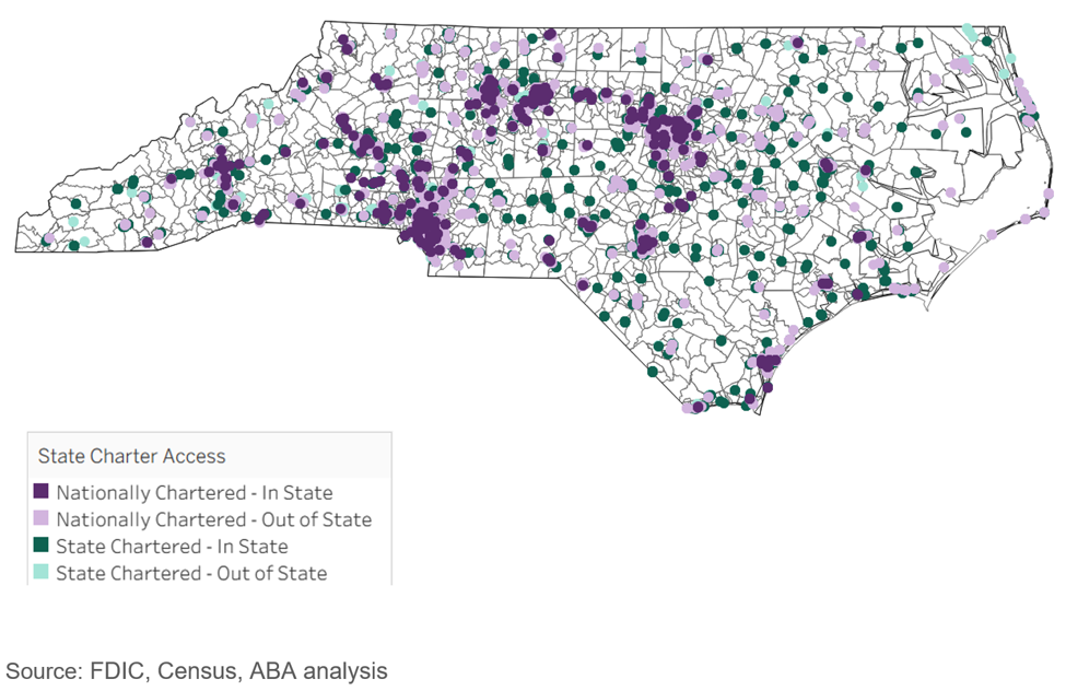 Map showing the bank branch network across North Carolina